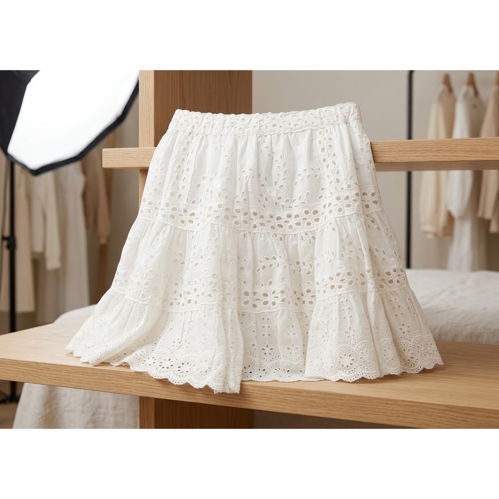 Altard State Karleen Ivory Eyelet Mini Skirt Tiered Ruffle Boho White Medium NWT